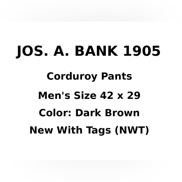 🆕 J.A. Bank 1905 Corduroy Pants 42x29 Brown | NWT Men’s Classic Fit - Picture 9 of 9